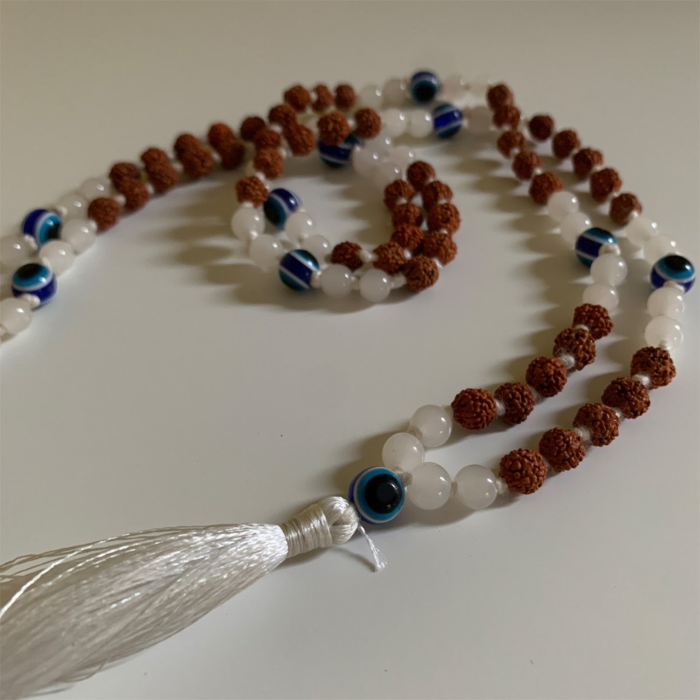 Turkish Eye Rudraksha Mala - White Moon Stone