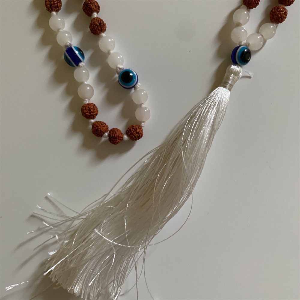 Turkish Eye Rudraksha Mala - White Moon Stone