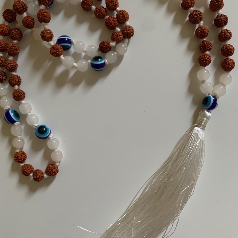 Turkish Eye Rudraksha Mala - White Moon Stone