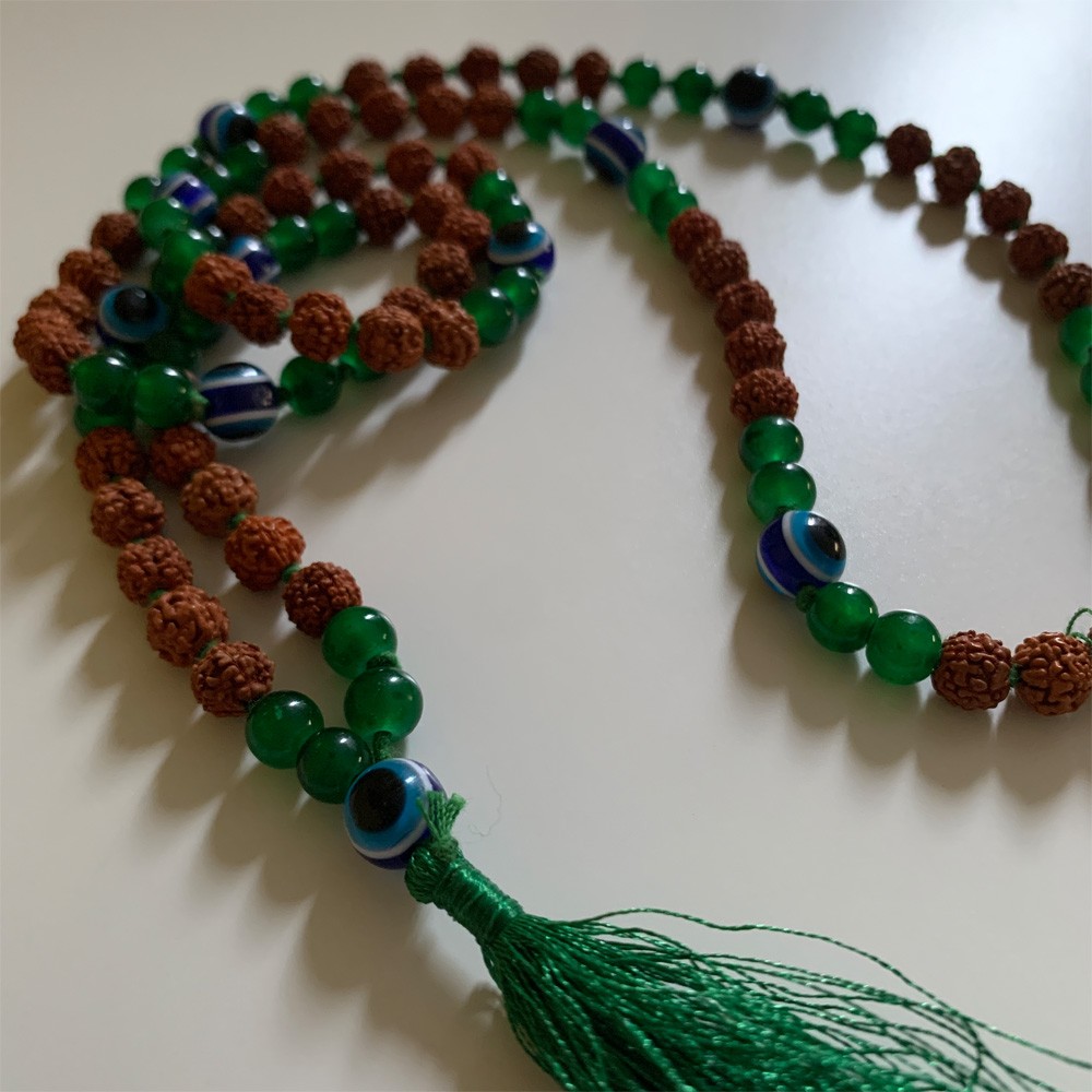 Turkish Eye Rudraksha Mala - Green Agate