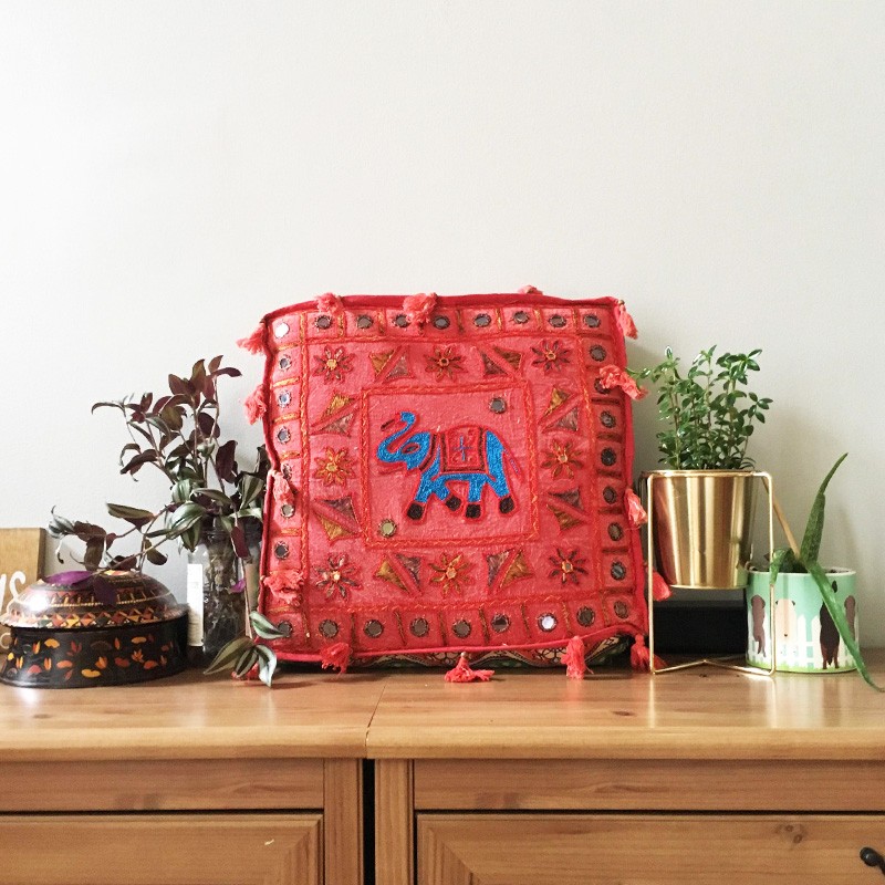 Elephant Embroidery Cushion - Red